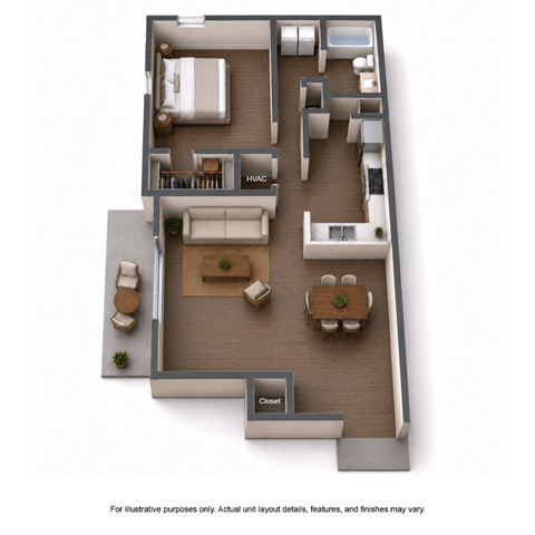 Floor plan for 1 bed, 1 bath, 799 sqft